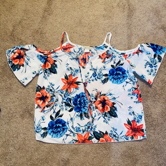 mandee Tops - Floral Cold Shoulder Blouse-Small